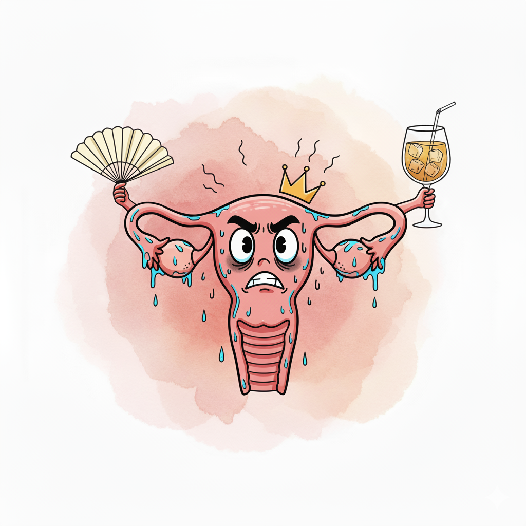 Angry uterus with a fan and class of wine.